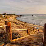 USA Pacific coast landscape, boardwalk to Leo Carrillo State Beach, Malibu, California.